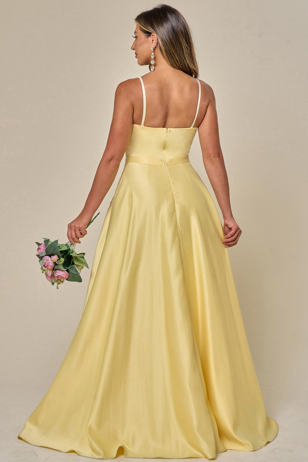 Lace Embroidered Yellow Satin Strapless ...